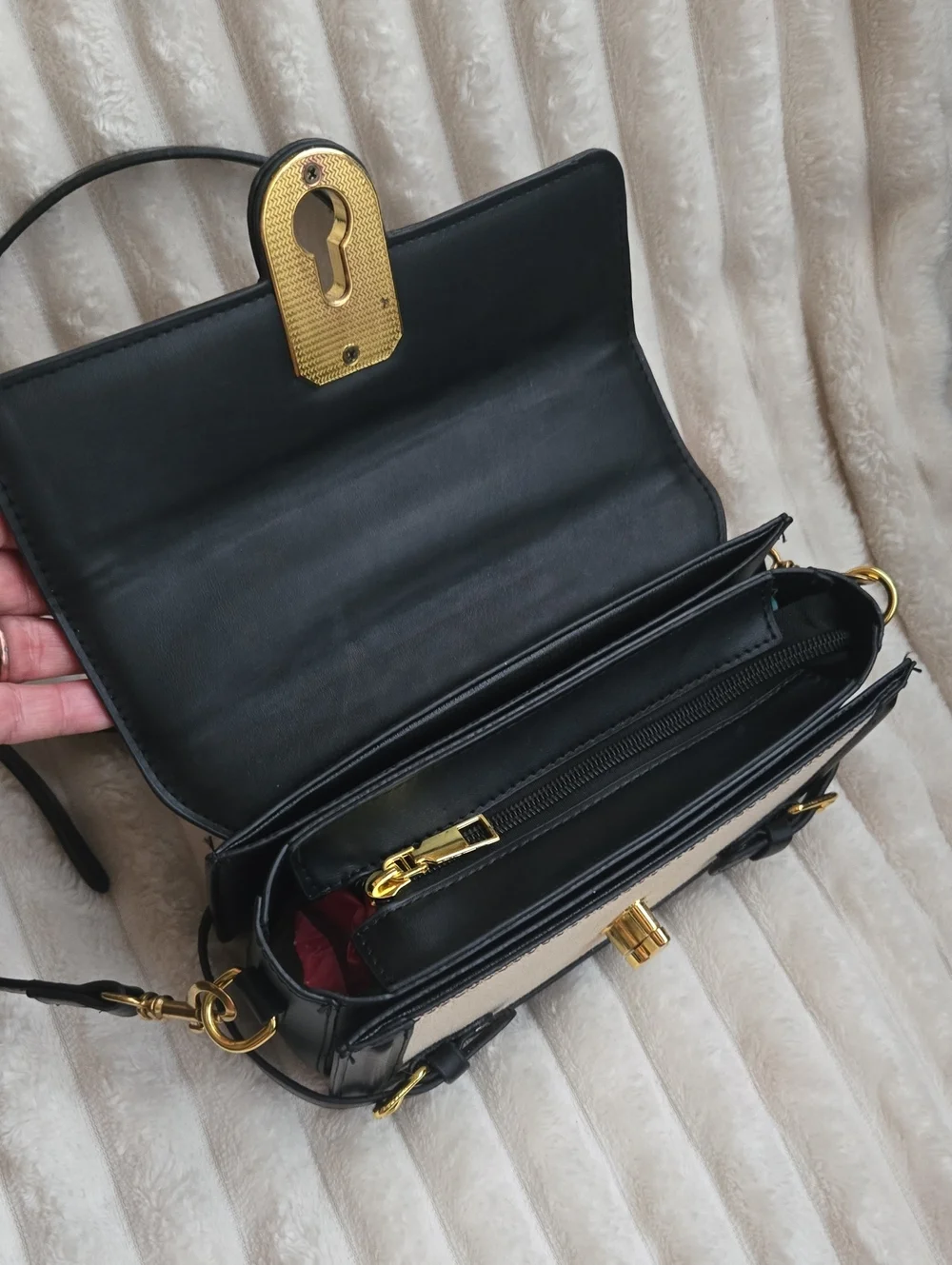 Black & Cream Structured Crossbody Bag with Gold Hardware